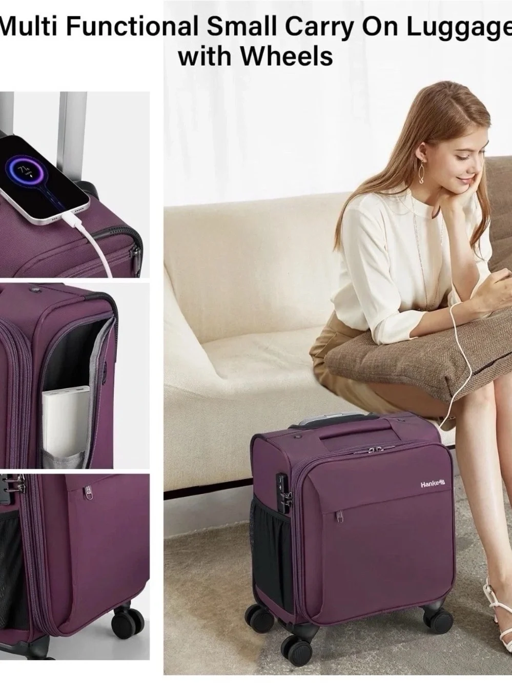 Hanke 16” Underseat Carry-On Luggage Small Softside Suitcase with Wheels Purple